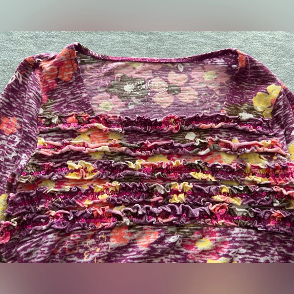 Justice kids girls long sleeve floral top size 8 sequins ruffle burnout tie back